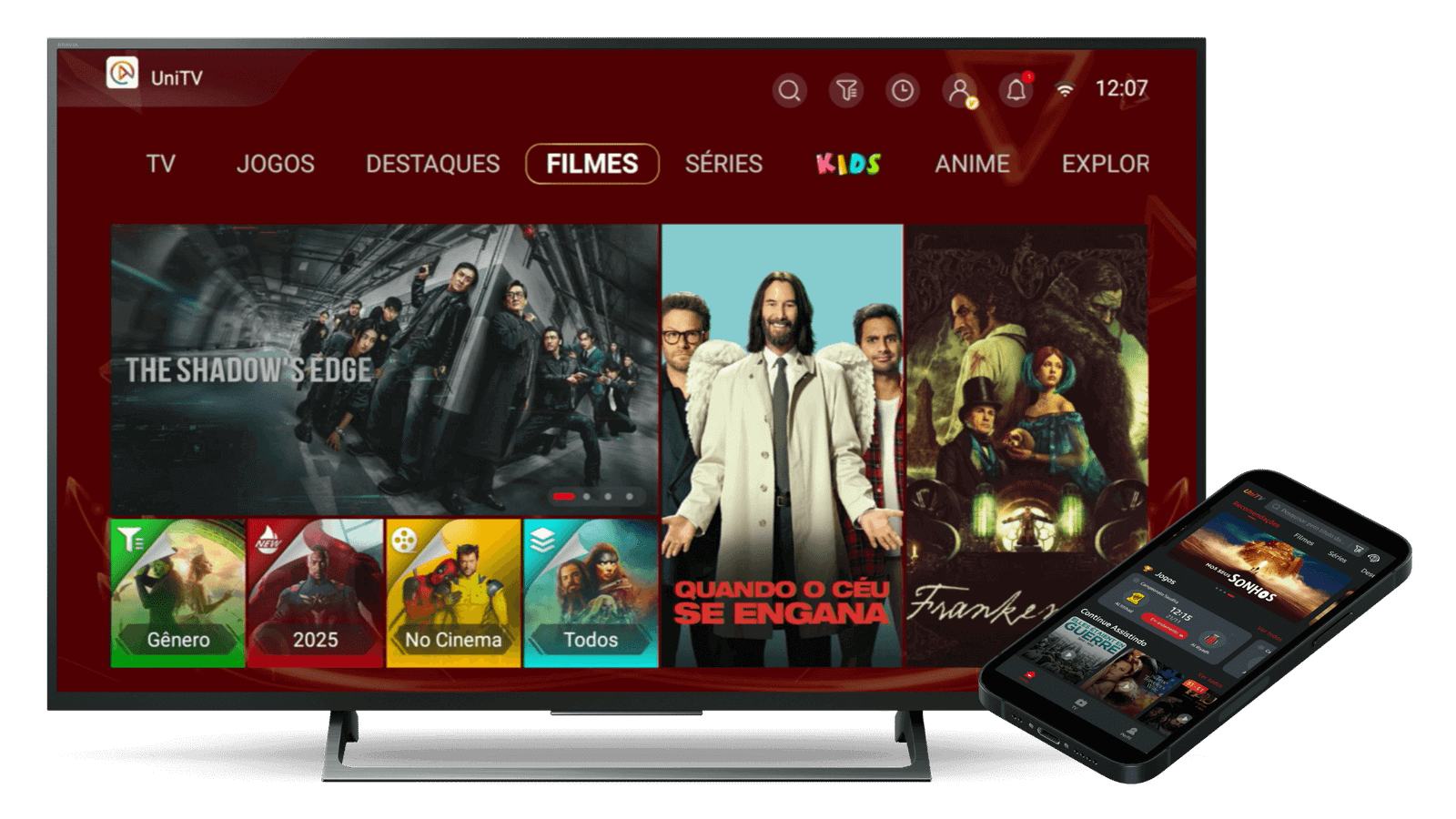 Imagem de uma TV e um celular com a interface do aplicativo Unitv com cartaz de filmes e suas categorias.
